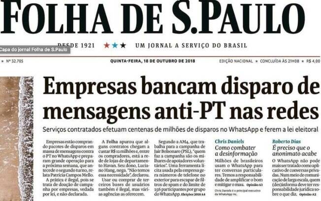 Capa da Folha de S.Paulo uma semana do segundo turno das eleições. Redes Sociais desmentiram o jornal
