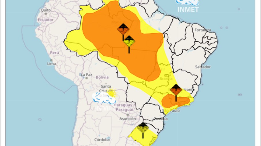 Previsão do tempo do Inmet para este domingo mostra dois alertas atingindo estados de diferentes regiões do país