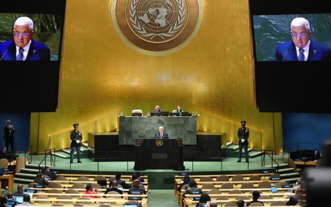 O presidente da Autoridade Palestina, Mahmoud Abbas, discursa na 78ª Assembleia Geral das Nações Unidas em setembro de 2023