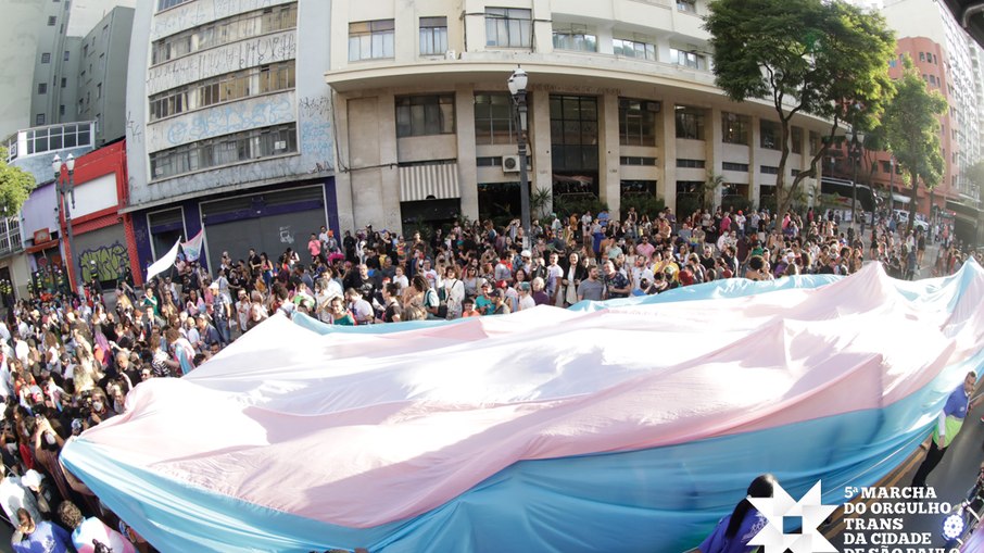 Bandeira do Orgulho Trans estendida durante a 5ª Marcha Trans de São Paulo, em 2022