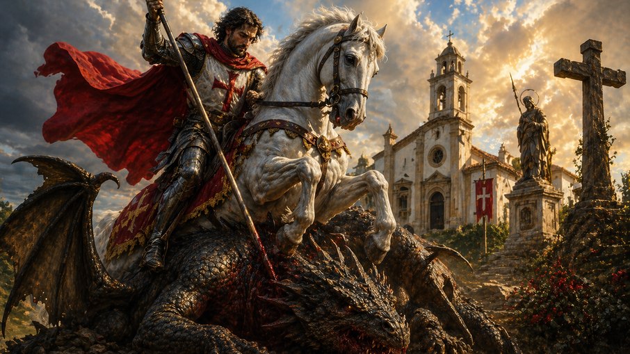 São Jorge em seu cavalo derrotando o dragão