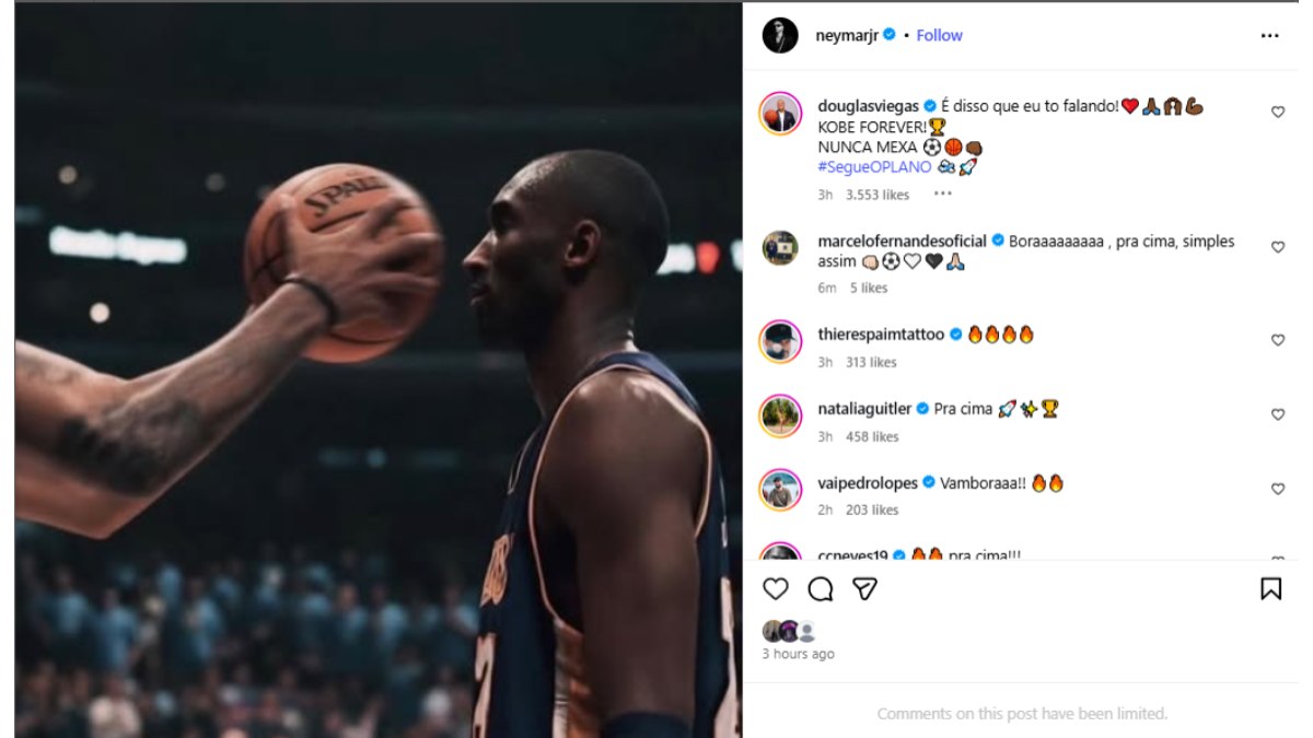 Post enigmático de Neymar com imagem icônica de Kobe Bryant Post enigmático de Neymar com imagem icônica de Kobe Bryant