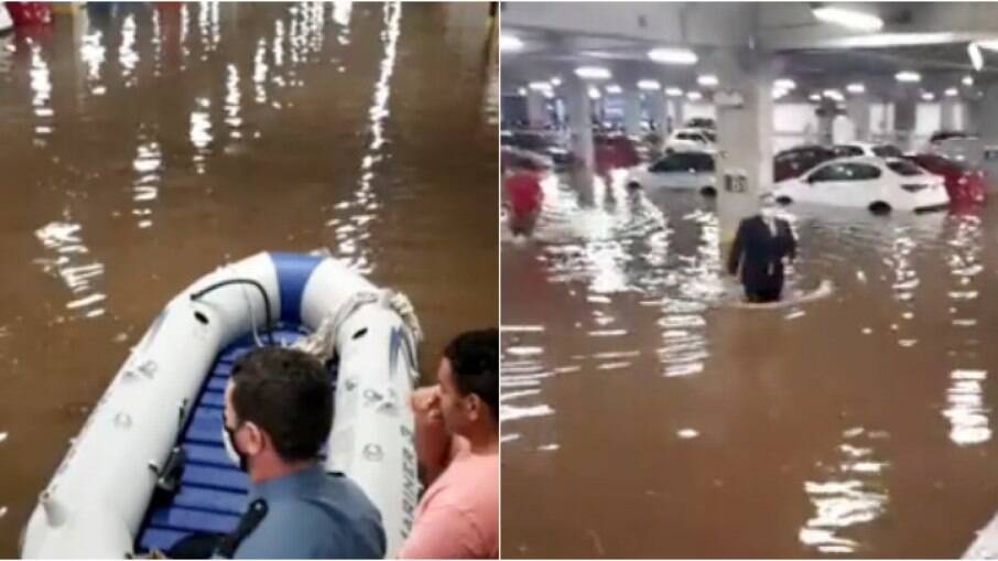 Motoristas precisaram ser resgatados de estacionamento de shopping com bote 