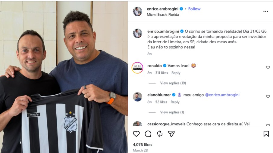 Ronaldo, ao lado de Enrico Ambrogini, investidor interessado na compra da Inter de Limeira