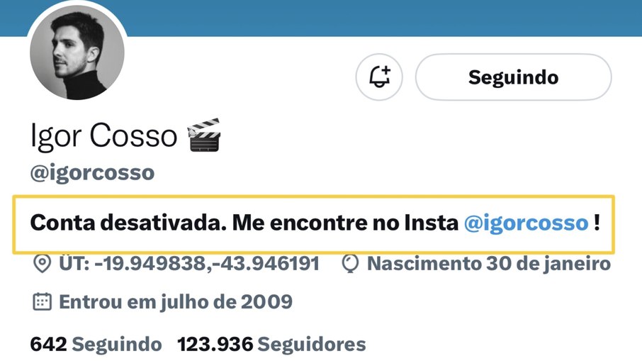 Print do perfil (desativado) de Igor Cosso no X, antigo Twitter 