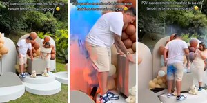 Fumaça azul de chá revelação atinge pai em local inusitado e web se diverte