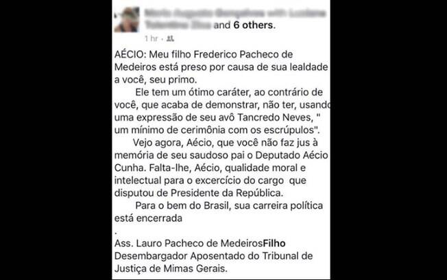 Tio do senador Aécio Neves (PSDB-MG) confirmou ao 'Estadão' que é o autor do texto publicado no Facebook