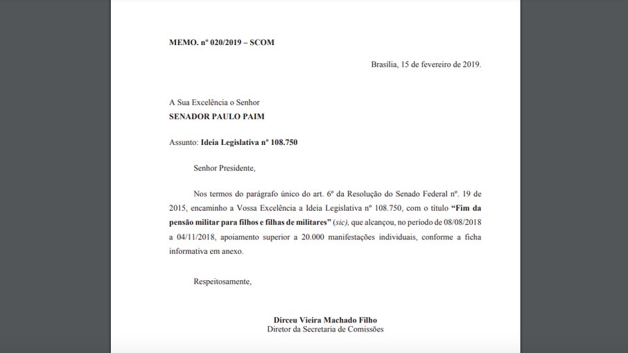 Pedido para o fim das pensões a filhos de militares tramitava desde 2019