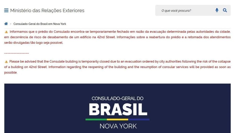 Consulado do Brasil em Nova York fecha por risco de desabamento de prédio vizinho