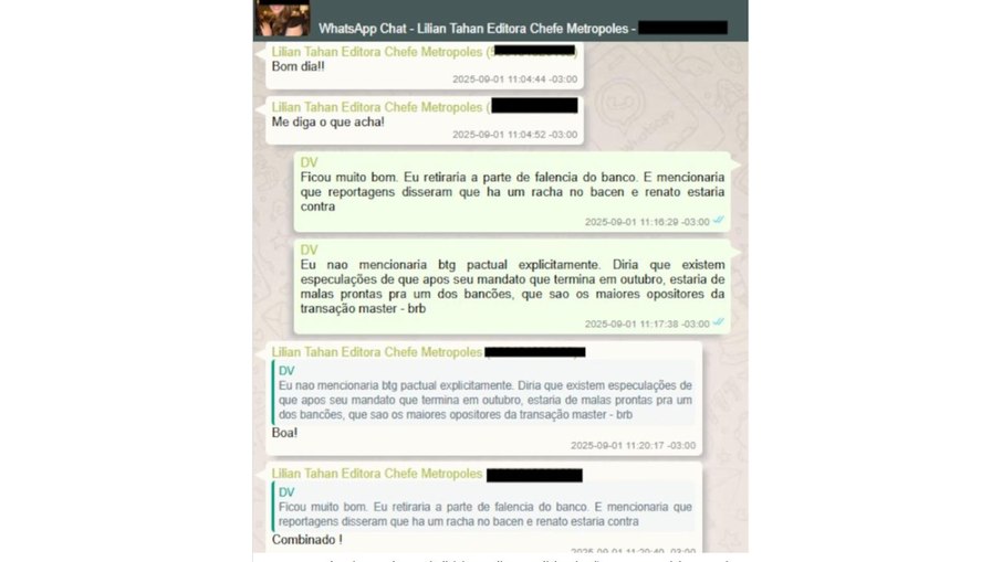 Mensagens trocadas entre Lilian Tahan e Daniel Vorcaro