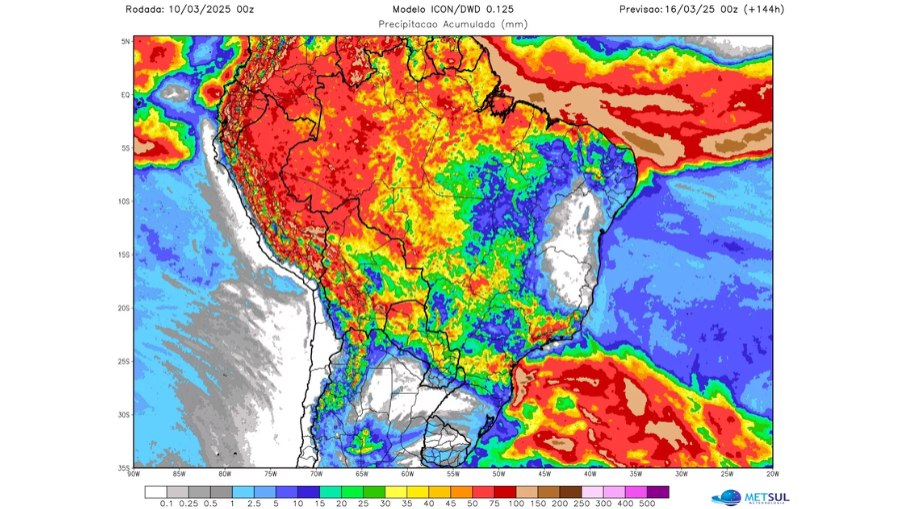 Projeção de chuva para esta semana feita pelo serviço meteorológico da Alemanha Projeção de chuva para esta semana feita pelo serviço meteorológico da Alemanha
