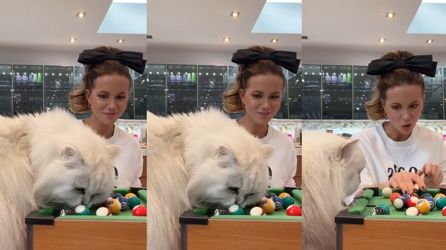 Kate Beckinsale brinca de sinuca com gato de estimação em vídeos divertidos; assista abaixo