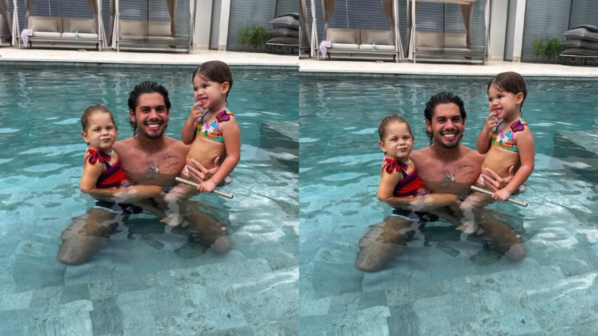 Zé Felipe aproveita dia de sol com Maria Alice e Maria Flor na piscina