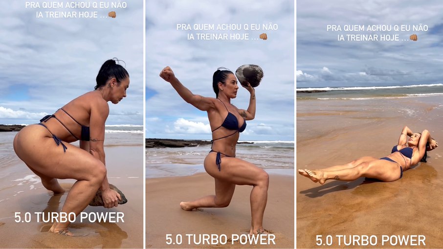 Scheila Carvalho exibe corpo sarado em treino na praia