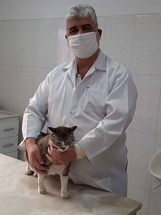 O veterinário Amílcar Silva com o gato Bamban, que recebeu esse nome por 'ter sido 'bambandonado' no jardim da clínica', conta em tom de brincadeira
