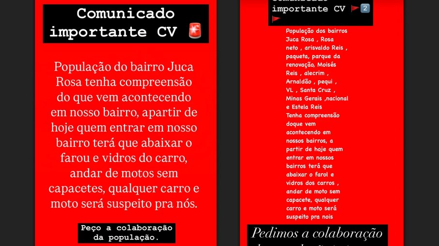 Prints que circulam pelas redes sociais e ameaçam moradores Prints que circulam pelas redes sociais e ameaçam moradores