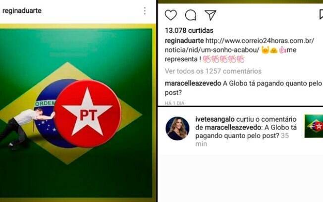 Ivete Sangalo curte comentário em foto anti-PT de Regina Duarte