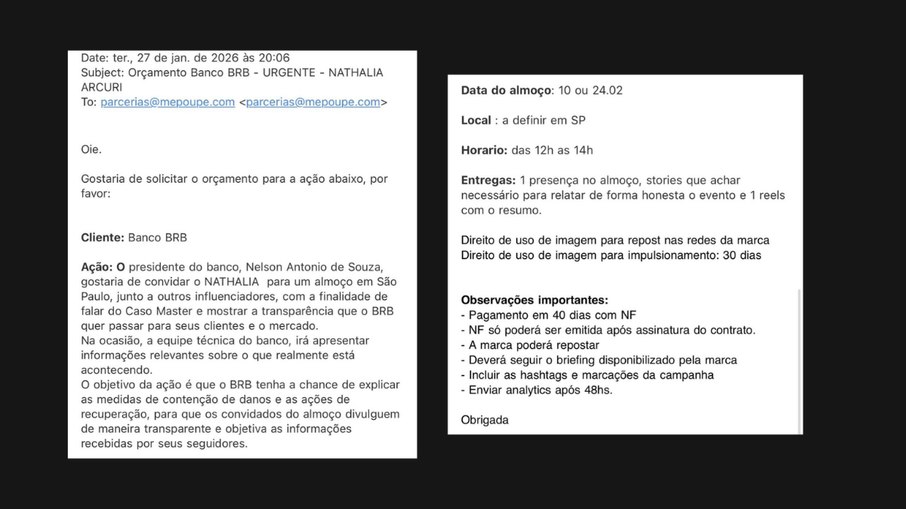 E-mail detalha convite do Banco BRB para encontro com influenciadores sobre o Caso Master
