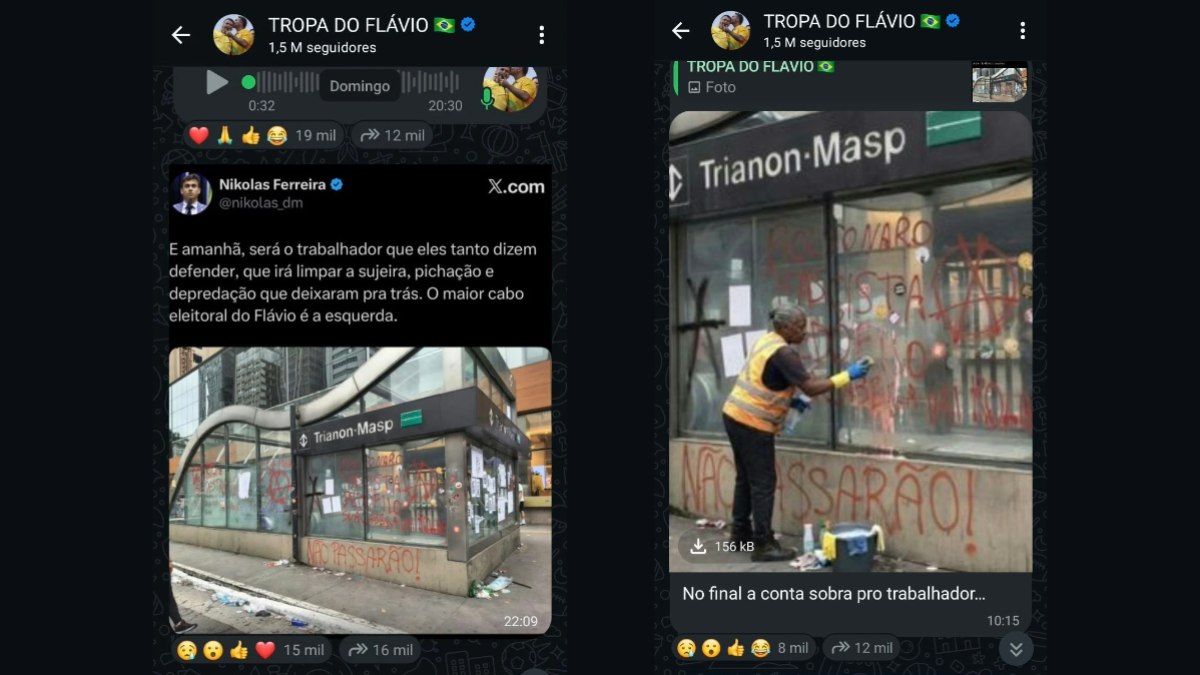 Imagem manipulada foi publicada em canal oficial da campanha de Flávio Bolsonaro (PL).
