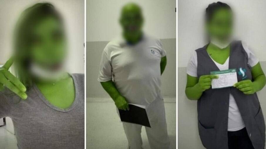 Funcionários de hospital usam filtro de 'jacaré' após vacinação; veja a imagem