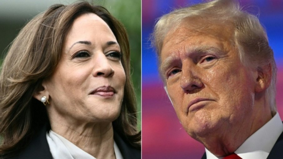 Fotomontagem de Kamala Harris e Donald Trump criada em 22 de julho de 2024