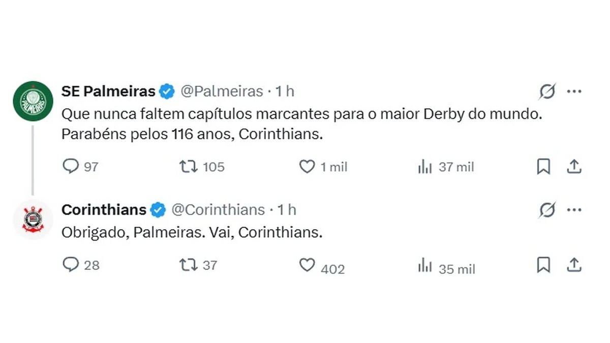 Palmeiras Parabeniza Corinthians pelos 116 Anos e Exalta "Maior Derby do Mundo"