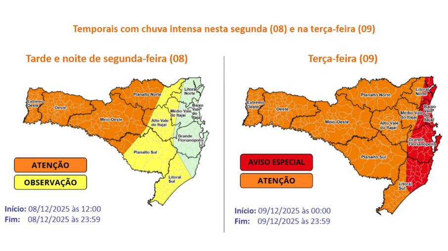 Mapa indica risco muito alto (vermelho), alto (laranja) e moderado (amarelo) para temporais em Santa Catarina
