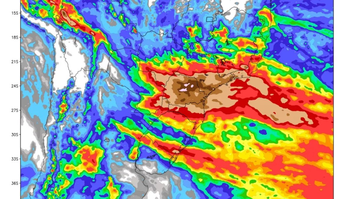 Mapa mostra chuva forte numa região que inclui partes mais ao Norte do Sul do país, o Mato Grosso do Sul e ainda parte do Sudeste, em especial o estado de São Paulo Mapa mostra chuva forte numa região que inclui partes mais ao Norte do Sul do país, o Mato Grosso do Sul e ainda parte do Sudeste, em especial o estado de São Paulo