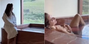 Leticia Spiller faz topless em banheira após vinoterapia