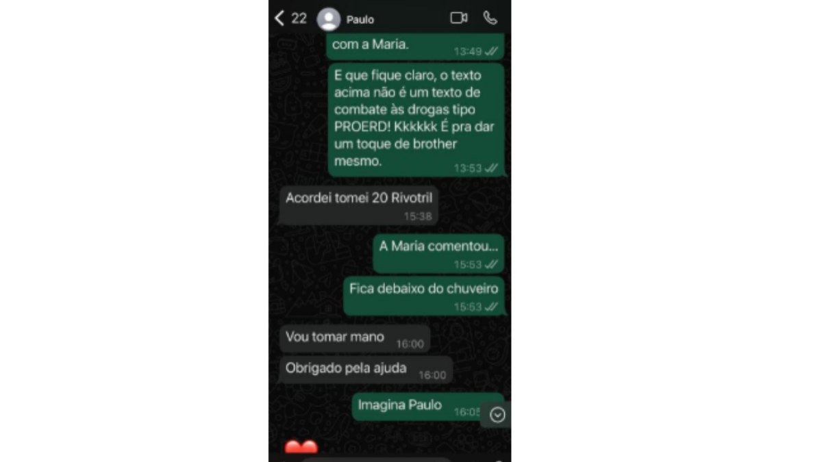 Print de conversa mostra Paulo relatando a um amigo que teria ingerido 20 comprimidos de Rivotril