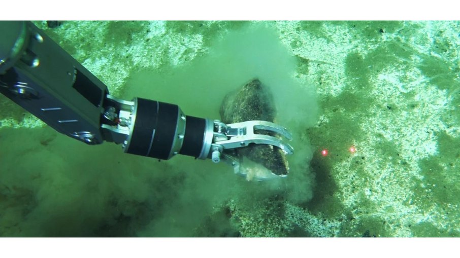O braço robótico de um submersível agarra um osso fossilizado de baleia no fundo do mar. O braço robótico de um submersível agarra um osso fossilizado de baleia no fundo do mar.