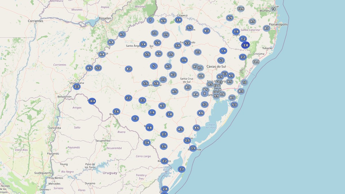 Mínimas registradas por estações automáticas do Inmet ficaram em torno de 0 a 5ºC em boa parte do RS Mínimas registradas por estações automáticas do Inmet ficaram em torno de 0 a 5ºC em boa parte do RS