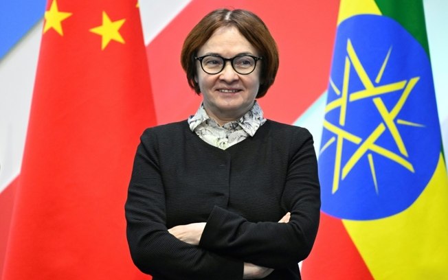 A chefe do Banco Central da Rússia, Elvira Nabiullina, em Kazan por ocasião da cúpula do Brics, em 23 de outubro de 2024