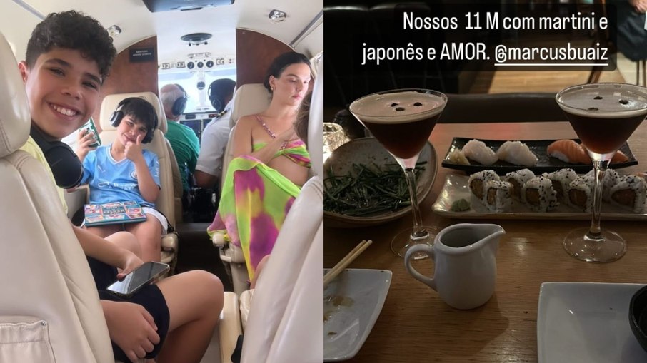 Isis Valverde com filhos de Marcus Buaiz em jatinho e em jantar romântico com o noivo