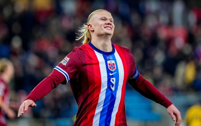 Erling Haaland comemora após marcar na goleada da Noruega sobre o Cazaquistão por 5 a 0 neste domingo, pela Liga das Nações