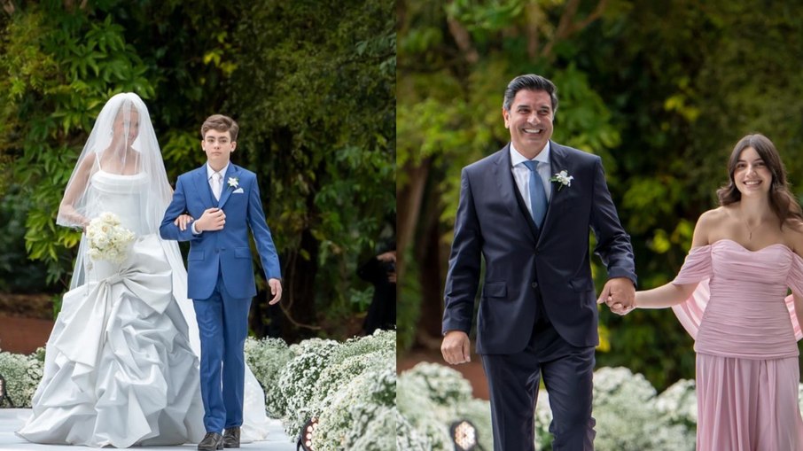 Ana Hickmann subiu ao altar com o filho, Alezinho, enquanto Edu Guedes chegou acompanhado da filha, Maria.