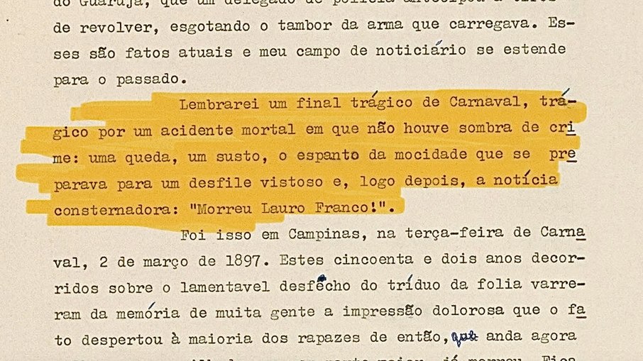 Relato da morte de Lauro no artigo de autoria de Pelágio Lobo, tratando da morte de Lauro Franco, do Correio Paulistano de 1949