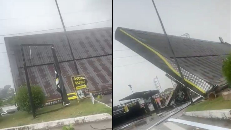 Temporal com ventos fortes derruba estrutura de posto no Rio