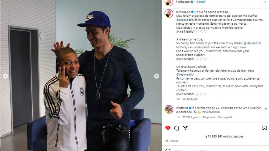 Cristiano Ronaldo comentou em postagem de Mbappé