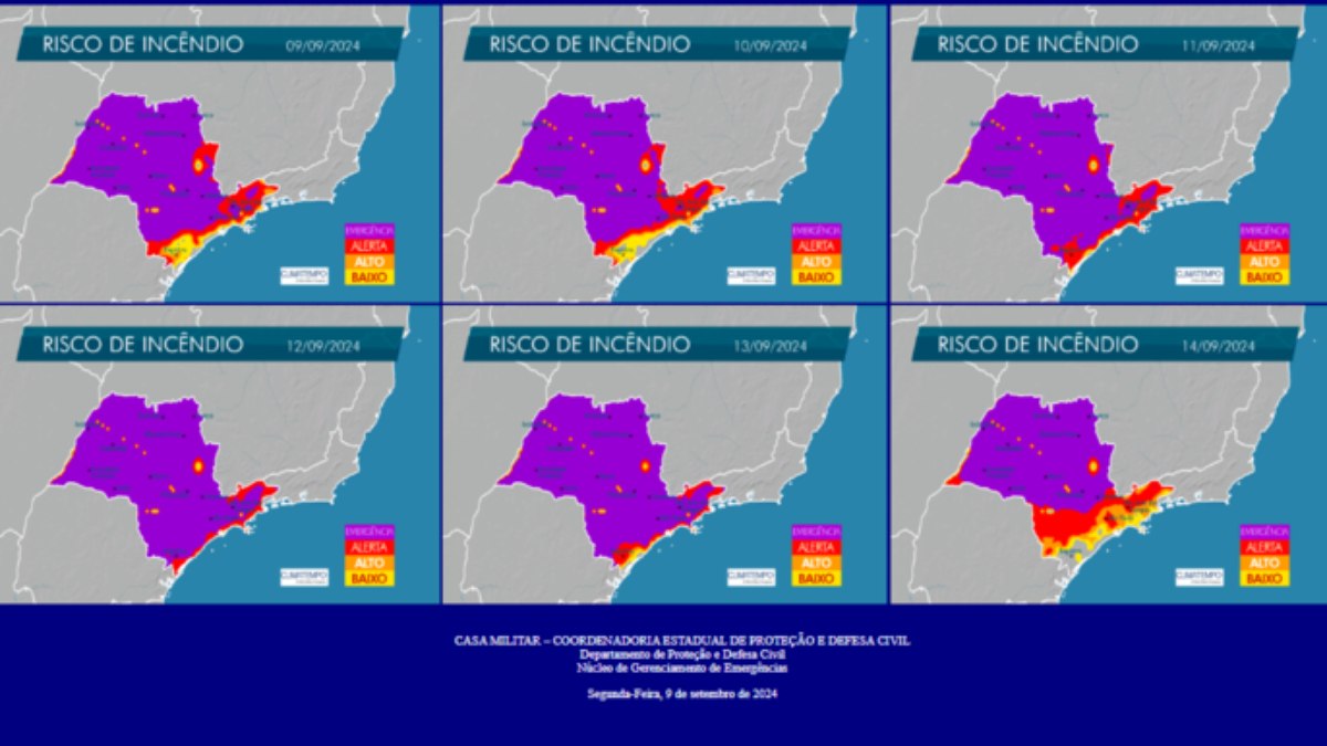 Região indicada em roxo tem alerta máximo para queimadas; fogo deve recusar a partir de sábado