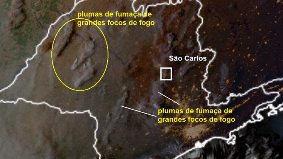 Imagem de satélite mostra focos de fogo e grandes plumas de fumaça no interior de SP em 11/9/24  