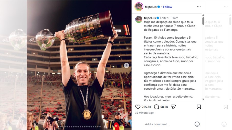 Filipe Luís se despede do Flamengo nas redes sociais