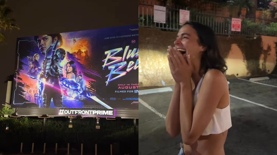 Sasha e marido surpreendem Bruna Marquezine com outdoor de Besouro Azul em Los Angeles