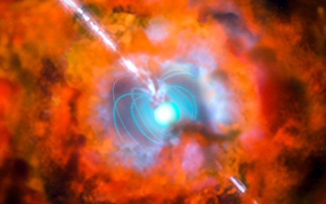 Visão simulada de uma estrela de nêutrons em uma nuvem de supernova, segundo imagem distribuída pelo Observatório Europeu do Sul
