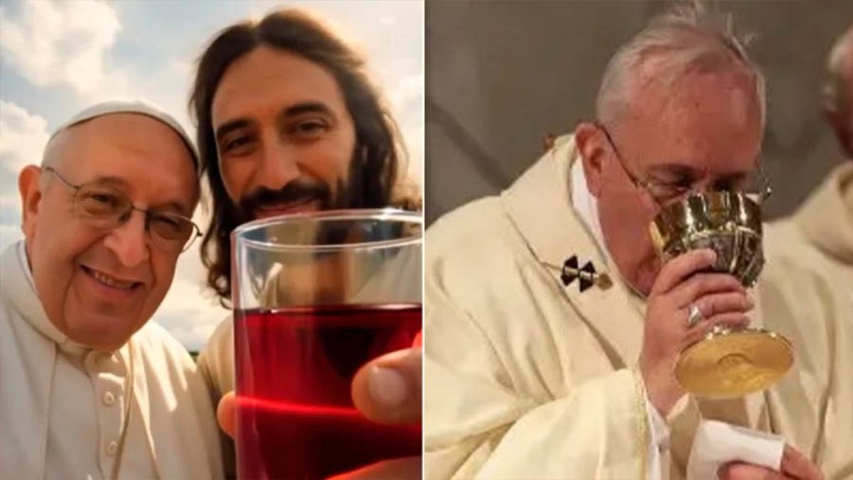 Papa Francisco brindando com Jesus Cristo, em imagem criada por IA que viralizou nas redes sociais, e o pontífice tomando vinho durante celebração Papa Francisco brindando com Jesus Cristo, em imagem criada por IA que viralizou nas redes sociais, e o pontífice tomando vinho durante celebração