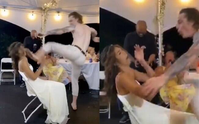 Noivo acerta chute na cara da noiva durante festa de casamento