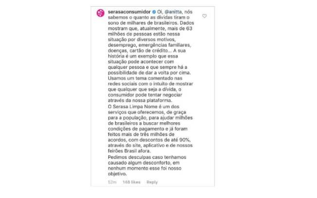 Serasa responde comentário de Anitta