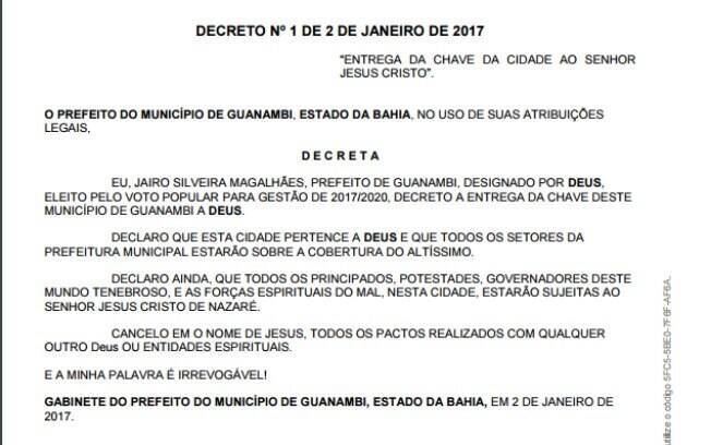 Em seu primeiro decreto como prefeito de Guanambi, Jairo Magalhães entregou a chave da cidade baiana a Deus