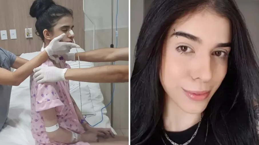 Thais Medeiros de Oliveira, de 25 anos, internada após cheirar pimenta, consegue se sentar durante fisioterapia