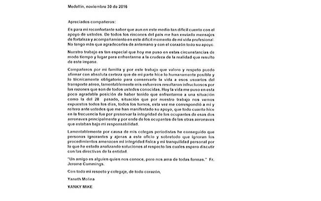 Carta da controladora de voo divulgada pela rádio 